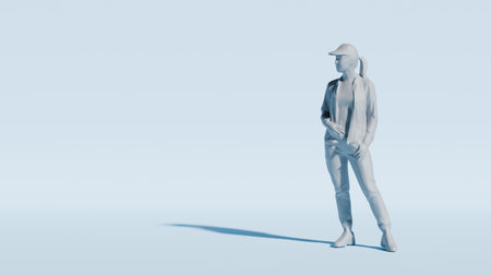 A lone woman stands in contemplation, casting a long shadow on a plain background. 3d renderの写真素材