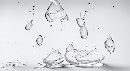 Water droplets frozen in mid-air, splash patterns against white background, intricate patterns and textures of water in motion. 3d renderの写真素材