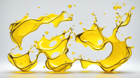 Vibrant yellow liquid splashing against a white backdrop, creating dynamic, fluid shapes. 3d renderの写真素材