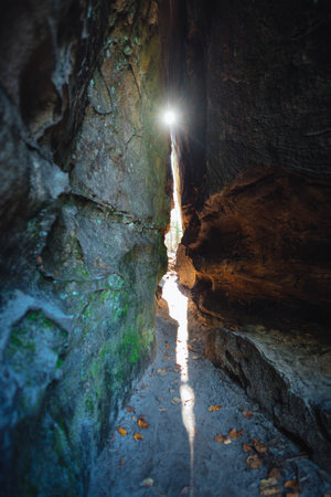 A narrow rocky passage with smooth stone walls allows sunlight to pour in, illuminating the sandy ground while surrounding foliage creates a tranquil atmosphere.の写真素材