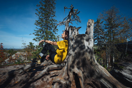 A person enjoys a peaceful moment sitting on a weathered tree stump, surrounded by lush greenery and clear blue skies, reflecting tranquility in nature.の写真素材