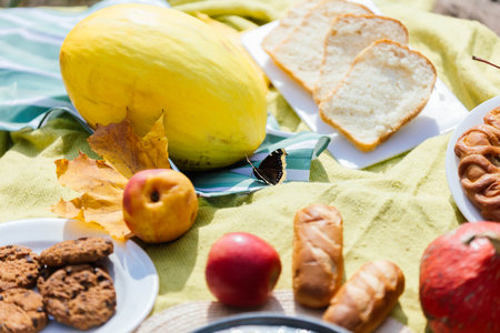 A vibrant picnic spread is laid out on a light green cloth, showing various fruits like apples and a...