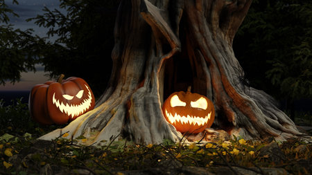 Two intricately carved Halloween pumpkins emit a spooky glow as they sit beside a twisted tree trunk in a serene forest landscape during twilight. 3d renderの写真素材