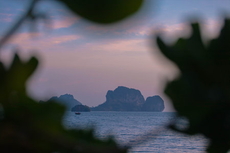 A tranquil seaside setting captures the beauty of distant islands at sunset, framed by vibrant green foliage. The soft hues of evening light enhance the peaceful atmosphere.の写真素材