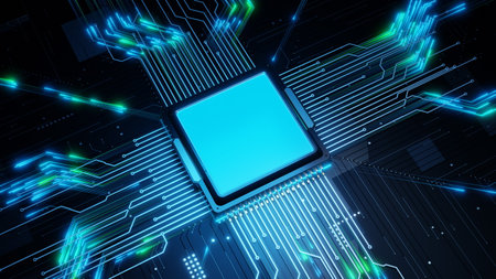 close-up view of a microchip surrounded by intricate circuit board patterns, highlighting the themes...