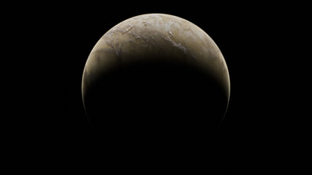 celestial body is visible against the dark backdrop of space, showing a textured surface with subtle...