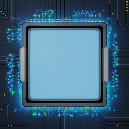 Blue microchip is located at the center of an intricate circuit board. Glowing blue lights and...