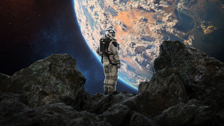 Astronaut stands on a rugged extraterrestrial surface, gazing at Earth set against the dark cosmos,...