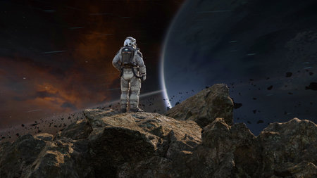 Astronaut stands on an asteroid, gazing out into the expanse of space filled with stars, planets,...