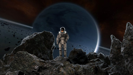 Astronaut stands on a rugged landscape filled with dark rocks on an unfamiliar exoplanet. 3d render