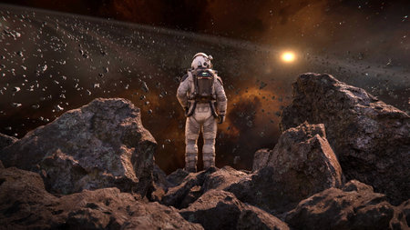 Astronaut clad in a spacesuit stands on a rugged terrain, gazing at distant stars and a glowing...