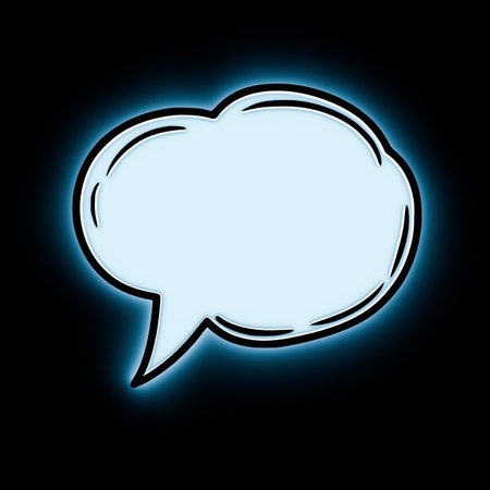 Glowing speech bubble outline is displayed on a solid black background, providing a versatile graphic for use in digital design, marketing materials, and social media activities. 3d render.の写真素材