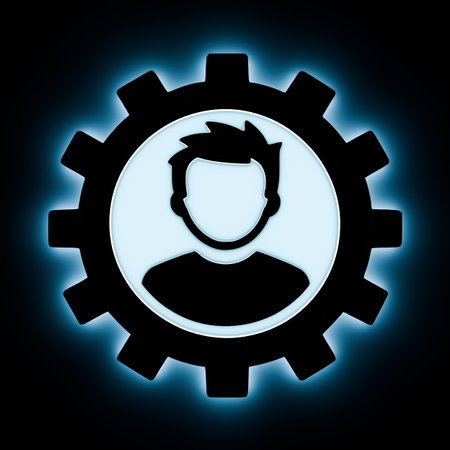 person icon is displayed inside a glowing gear symbol, illustrating the integration of human skills and technology in innovation and modern industries. 3d render.の写真素材