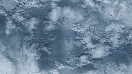 view showcases a vast frozen terrain covered in ice and snow, interspersed with clouds. This winter...