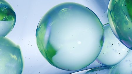 Translucent bubbles of various sizes drift through tranquil blue backdrop, reflecting soft hues of...