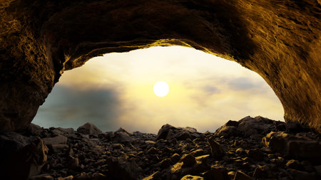 Sunlight filters through a cave entrance, illuminating the rocky floor inside. golden hues of dawn...