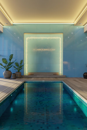 A stylish indoor swimming pool features serene blue tiles and soft lighting, creating a relaxing atmosphere. Potted plants enhance the modern design in the spacious environment. 3d renderの写真素材