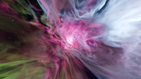 A vibrant cosmic nebula displays swirling clouds of pink, green, and white gas in deep space. The striking color patterns create a mesmerizing view of stellar formation and cosmic beauty. 3d renderの写真素材