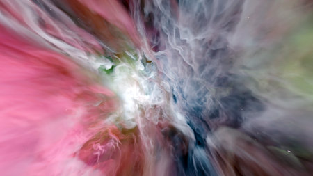 A stunning cosmic nebula showcases dynamic swirls of vibrant colors, including pink, purple, and...