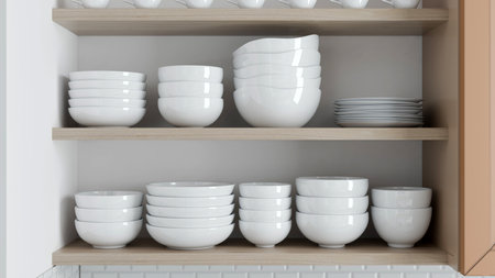 Distinctive white ceramic bowls and plates are systematically arranged on wooden shelves in a...
