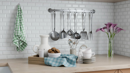 collection of stainless steel kitchen utensils hangs from a wall-mounted rack in a contemporary kitchen. checkered towel, colorful flowers, and dishes add charm to the setting. 3d renderの写真素材