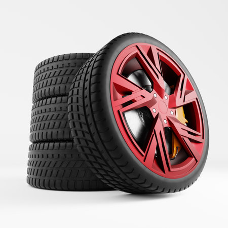 High-performance red alloy wheels are stacked with durable black tires, emphasizing modern automotive engineering. Ideal for enhancing both speed and style in sports cars. 3d renderの写真素材