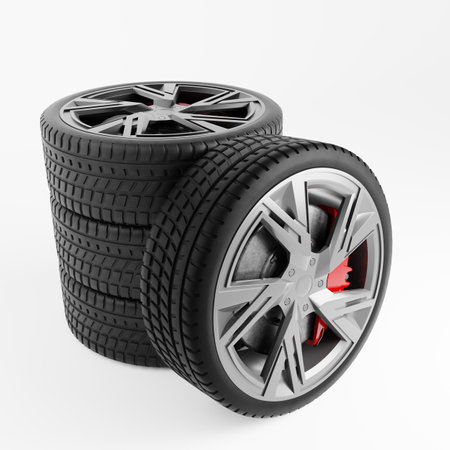 Close-up view of high-performance car tires stacked in an orderly manner, highlighting the intricate tread patterns and striking silver rims designed for enhanced grip and stability. 3d renderの写真素材