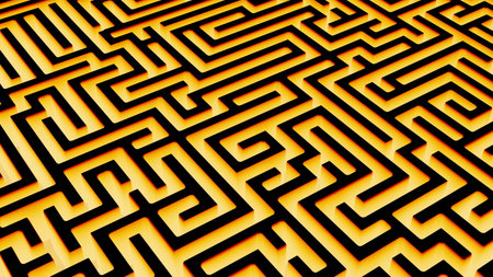 Intricate and colorful maze design features winding pathways and sharp turns, creating a challenging puzzle layout that captivates viewers with its vivid appearance. 3d renderの写真素材