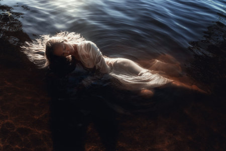 woman in a flowing white dress relaxes in calm waters, surrounded by nature. soft light of the golden hour casts a peaceful glow over her serene pose and the gentle ripples.の写真素材