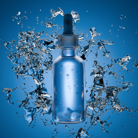 clear dropper bottle is artistically surrounded by splashes of water on a vibrant blue background, giving a refreshing and dynamic visual impression of liquid and clarity. 3d renderの写真素材