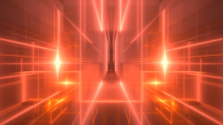 Bright red light beams intersect and radiate from a central point, forming an intricate pattern. This vibrant display suggests a futuristic digital environment or abstract art installation. 3d renderの写真素材