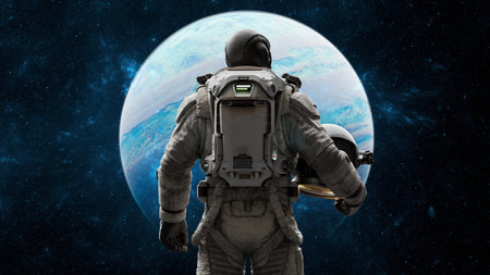 astronaut stands on the surface of a distant planet, holding a helmet, while gazing towards a...