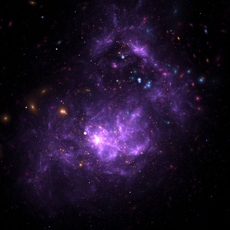 stunning cosmic nebula reveals swirling clouds of vibrant purple gases intertwined with clusters of...