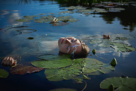 woman lies peacefully in a calm lake, her head resting among green lily pads. Sunlight dances on the water as she enjoys the serenity of nature in this idyllic setting.の写真素材