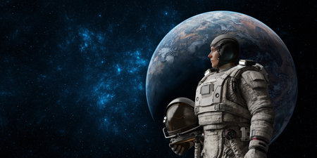 astronaut in a detailed spacesuit gazes at Earth in the background while holding a helmet, capturing...