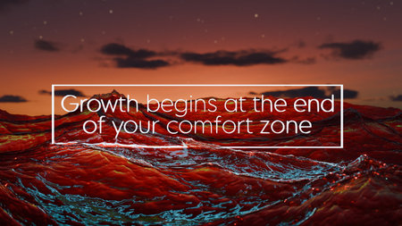 stunning view showcases waves reflecting colorful hues during a beautiful sunset. inspirational quote highlights the importance of stepping beyond comfort for personal growth. 3d renderの写真素材