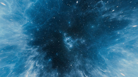 rich display of swirling blue nebulae filled with countless stars captivates viewers. This vast...