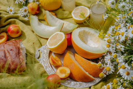 A vibrant display of fresh melons, peaches, and lemons is set on a silver platter among colorful...