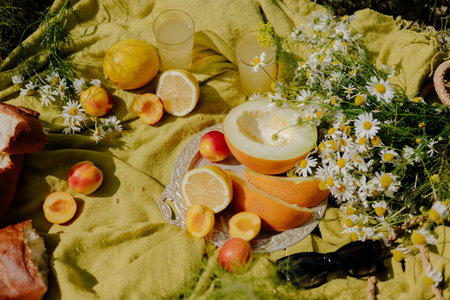A vibrant picnic setting features fresh fruits like melons, lemons, and apricots, along with...