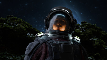 person in a space suit gazes thoughtfully under a starry sky. Lush green alien plants surround them,...