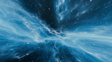 Vast expansion of deep space filled with swirling blue nebula clouds and numerous bright stars,...