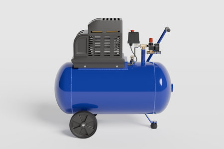 blue electric air compressor is shown with a black motor on top. It is equipped with wheels for easy...