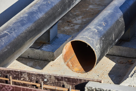 Steel pipes are positioned on a concrete base at a construction site. sun shines brightly,...