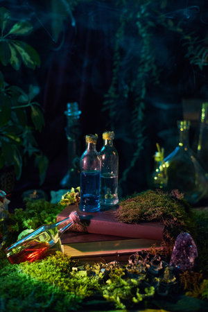 In a serene forest setting at dusk, vibrant potions fill glass bottles resting on a moss-covered surface. scene combines elements of nature and a sense of magic, inviting imagination.の写真素材