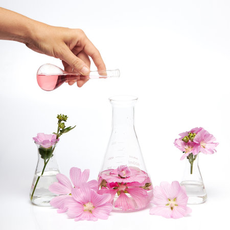 hand holds a small flask, pouring pink liquid into a larger flask. Pink and white flowers are arranged around glass containers, creating a vibrant scene.の写真素材