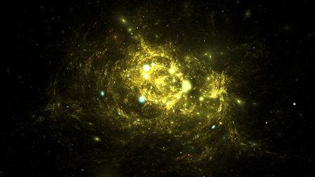 Golden light swirls in a cosmic display, capturing a fascinating galactic formation in the dark expansion of space, evoking a sense of wonder about the universe. 3d renderの写真素材