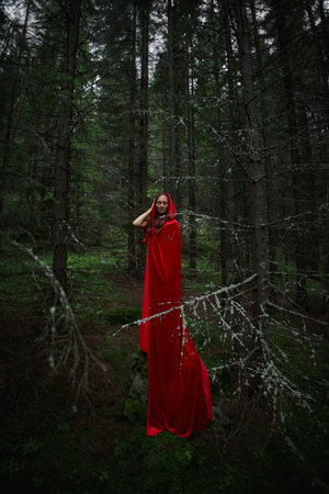 woman dressed in a flowing red cloak poses gracefully among tall trees in a dark forest. scene is filled with natures beauty and mystery, as dusk approaches.の写真素材