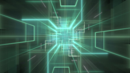 Bright green lines create a vibrant abstract landscape that suggests motion in a high-tech...