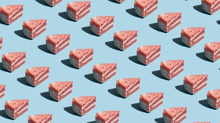 Rows of layered cake slices with pink frosting and cream filling are displayed on a light blue...