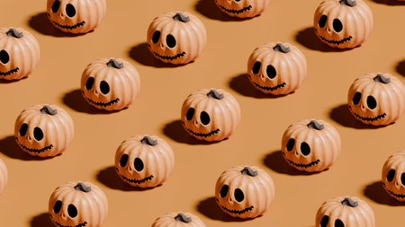 Small pumpkins with faces are scattered evenly across a warm orange background, creating a fun Halloween-themed visual display perfect for seasonal decorations. 3d render.の写真素材